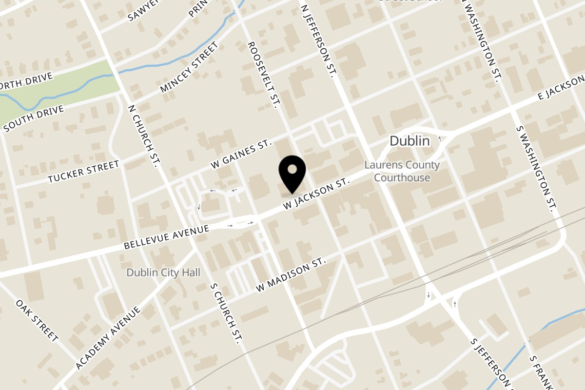 Map showing the location of Mulberry Kitchen on 209 W Jackson St in Dublin